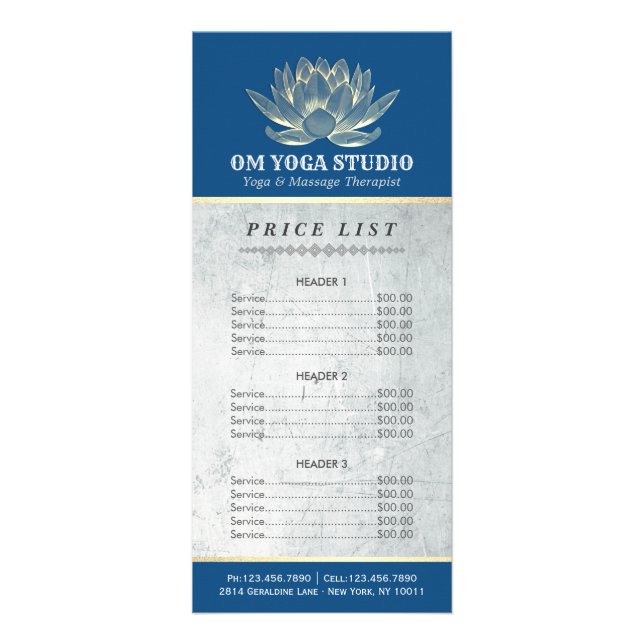 Blue & Gold Lotus YOGA Reiki Instructor Price List Rack Card (Front)