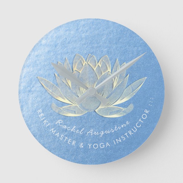 Blue Gold Lotus Yoga Studio Meditation Instructor Round Clock (Front)
