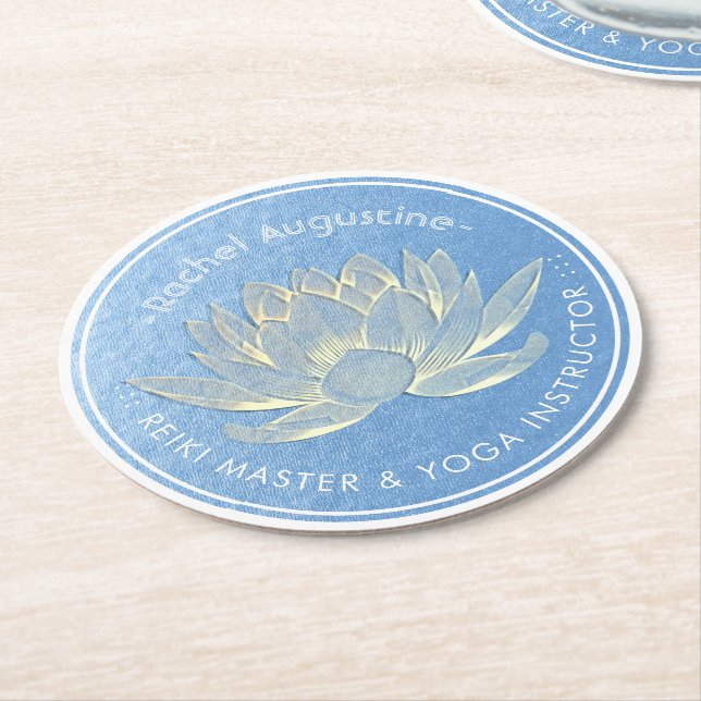 Blue Gold Lotus Yoga Studio Meditation Instructor Round Paper Coaster (Angled)