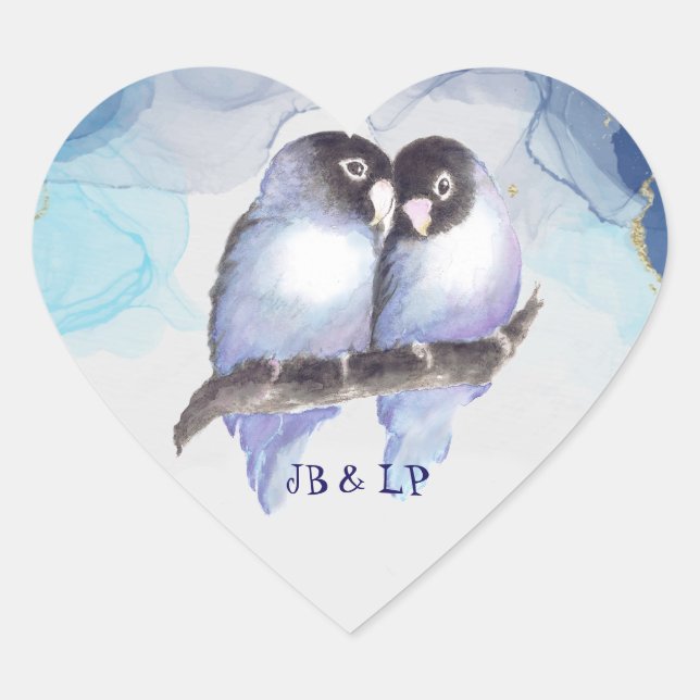  Blue Gold Lovebirds, Bird Heart Monogram  Heart Sticker (Front)