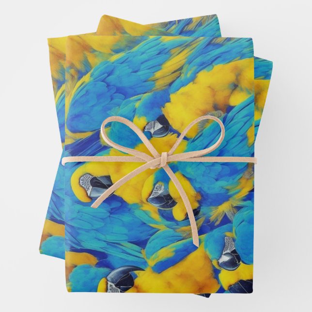 Blue & Gold Macaws Pattern Wrapping Paper Sheet (In situ)