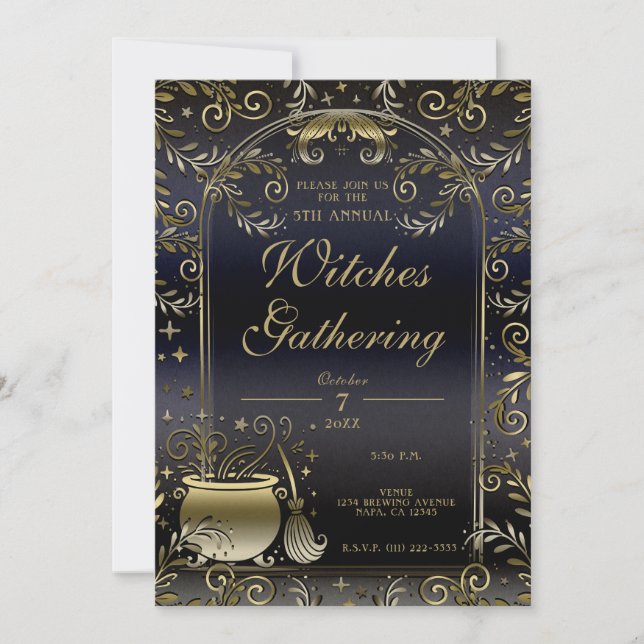 Blue Gold Magic Whimsical Wicca Witches Gathering Invitation (Front)