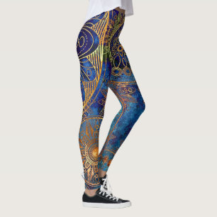 Blue Gold Mandala Celestial Steampunk Pattern Leggings