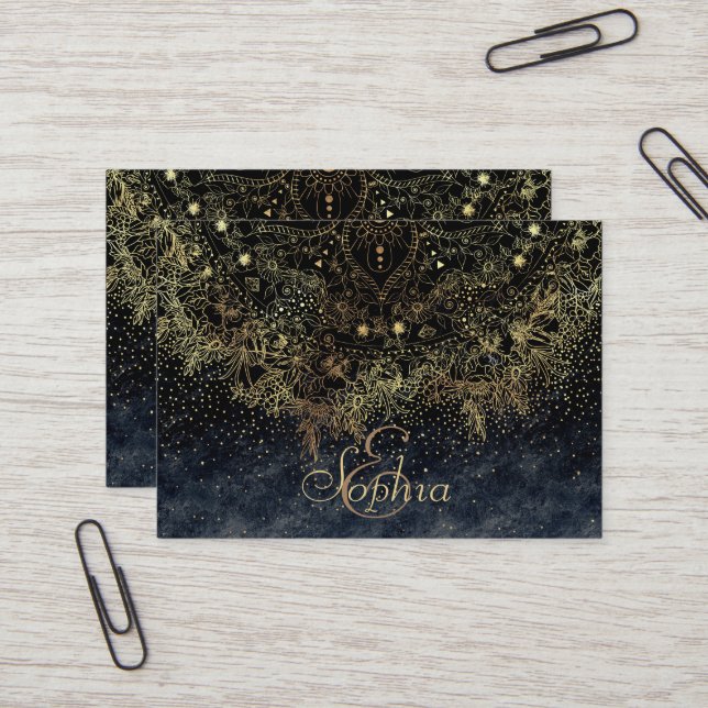 Blue Gold Mandala Floral Business Card (Front/Back In Situ)