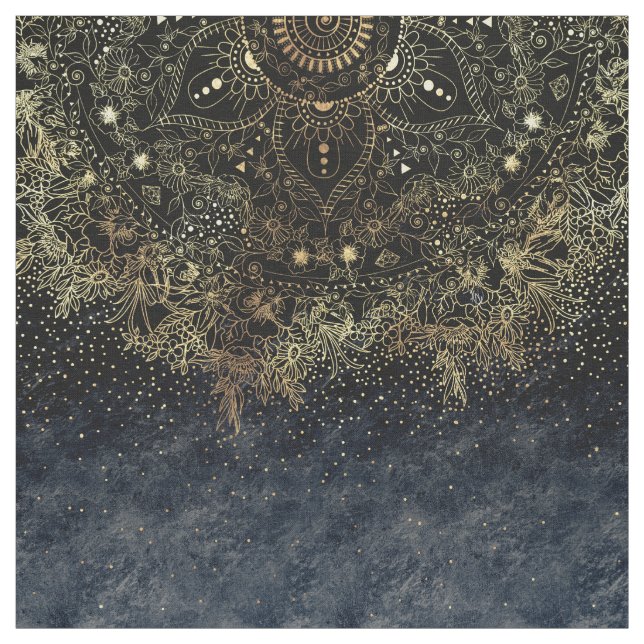 Blue Gold Mandala Floral Fabric (Swatch)