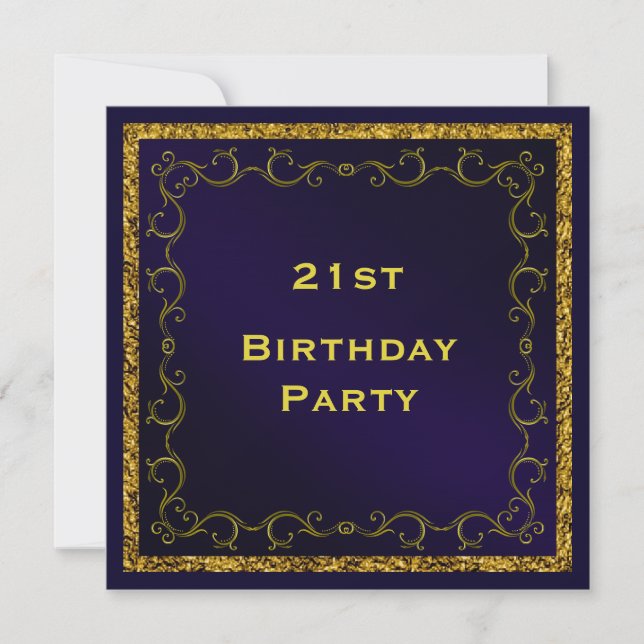 Blue & Gold Man's Double Sided 21st Birthday Invitation (Front)