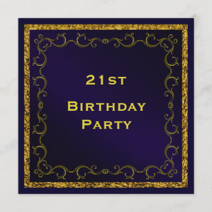 Blue & Gold Man's Double Sided 21st Birthday Invitation