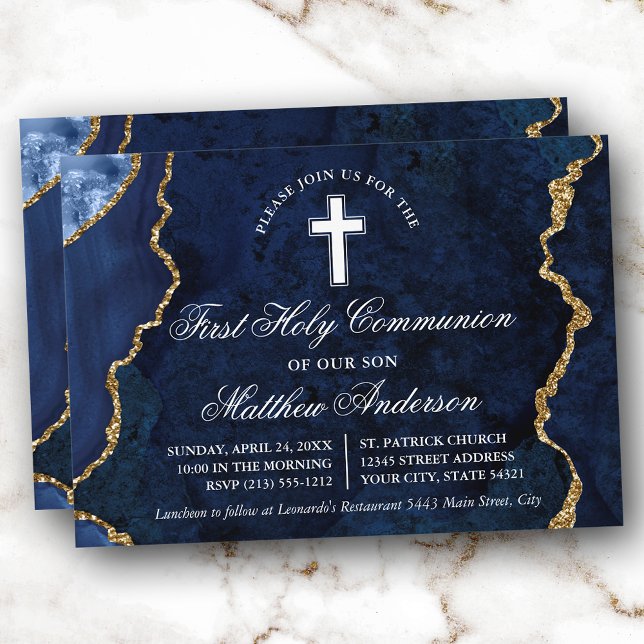Blue Gold Marble Agate Geode First Communion Invitation (Customize to change text size, text style or to add more text to back of card.)