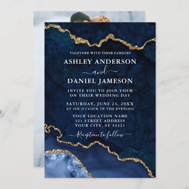 Blue Gold Marble Agate Geode Photo Wedding Invitation (Front/Back)