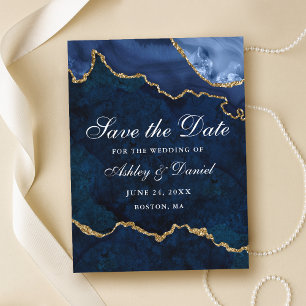 Blue Gold Marble Agate Geode Save The Date Announcement Postcard