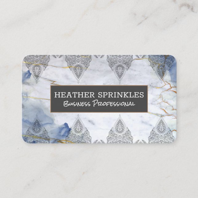 Blue Gold Marble Background | Ornate Pattern Business Card (Front)