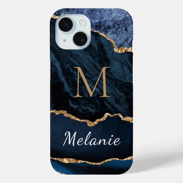 Blue Gold Marble Custom Letter Name iPhone Case (Back)