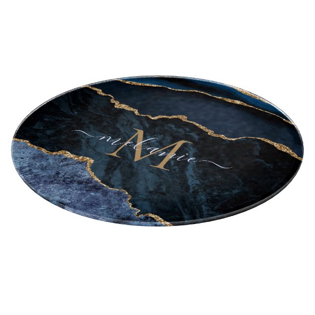 Blue Gold Marble Custom Name Letter Cutting Board (Corner)
