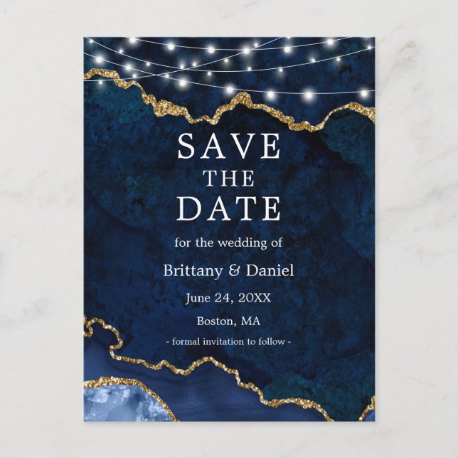 Blue Gold Marble Geode Lights Save The Date Announcement Postcard (Front)