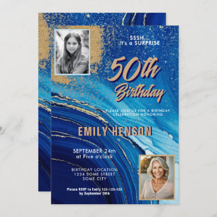 Blue Gold Marble Glitter 2 Photo 50th Birthday Invitation