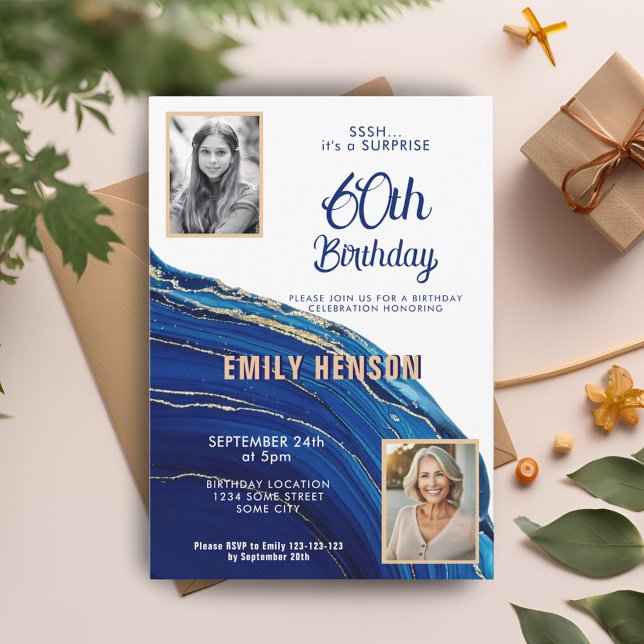 Blue Gold Marble Glitter 2 Photo 60th Birthday Invitation (Creator Uploaded)