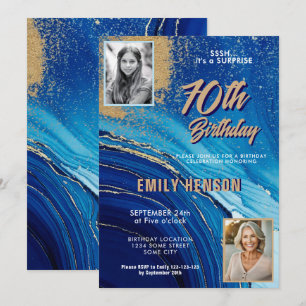 Blue Gold Marble Glitter 2 Photo 70th Birthday Invitation