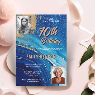 Blue Gold Marble Glitter 2 Photo 70th Birthday Invitation
