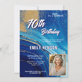 Blue Gold Marble Glitter Photo 70th Birthday Invitation