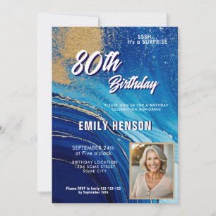 Blue Gold Marble Glitter Photo 80th Birthday Invitation