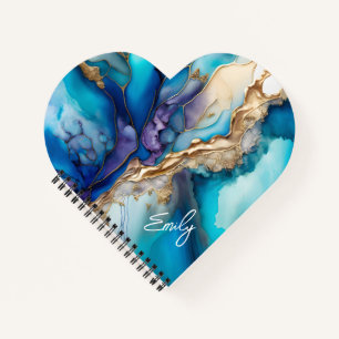 Blue Gold Marble Heart Shaped Personalised Name Notebook