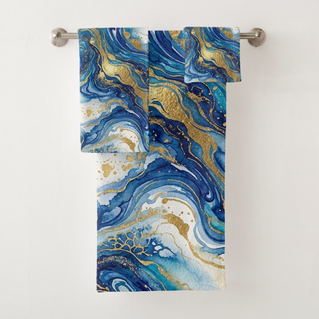 Blue Gold Marble Luxury Decor Fluid Art Pattern Bath Towel Set (Insitu)