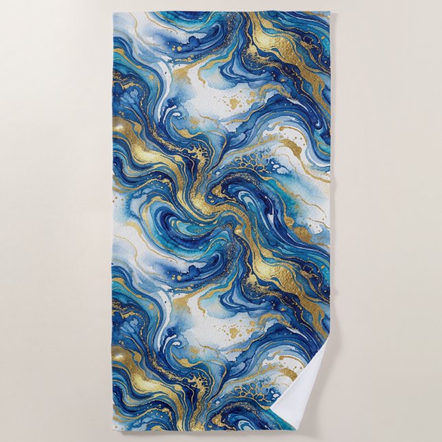 Blue Gold Marble Luxury Decor Fluid Art Pattern Beach Towel (Front)