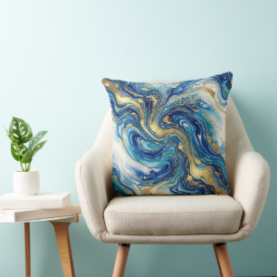 Blue Gold Marble Luxury Decor Fluid Art Pattern Cushion