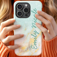 Blue Gold Marble Ombre Faux Glitter Monogram Name