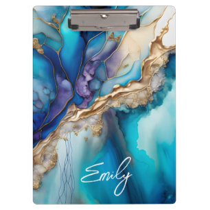 Blue Gold Marble Personalised Script Name Clipboard