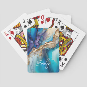 Blue Gold Marble Personalised Script Name Playing Cards