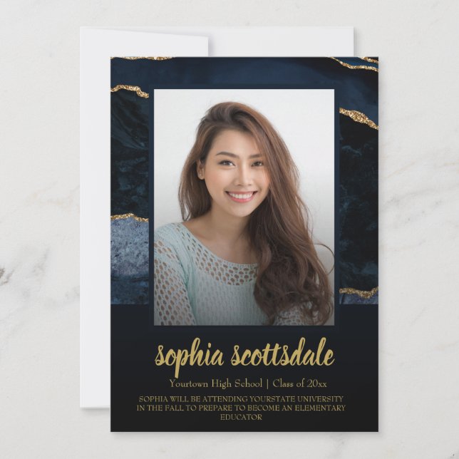 Blue Gold Marble Photo Graduation Announcements (Front)