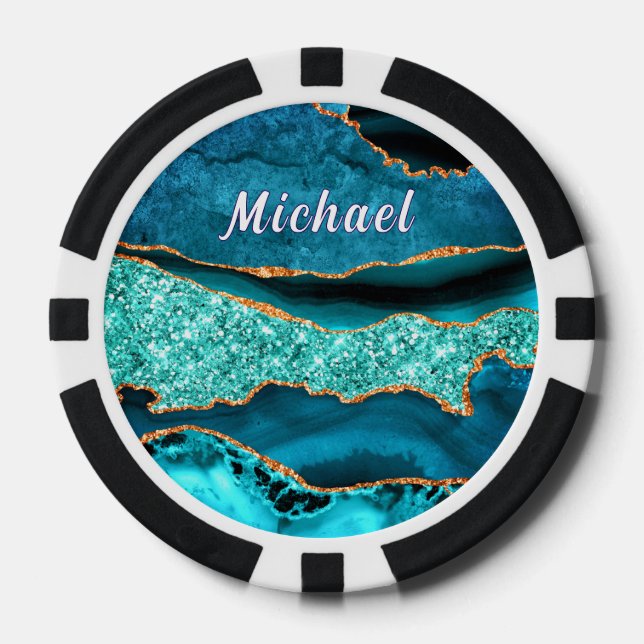 Blue Gold Marble Poker Chips with Custom Name (Front)