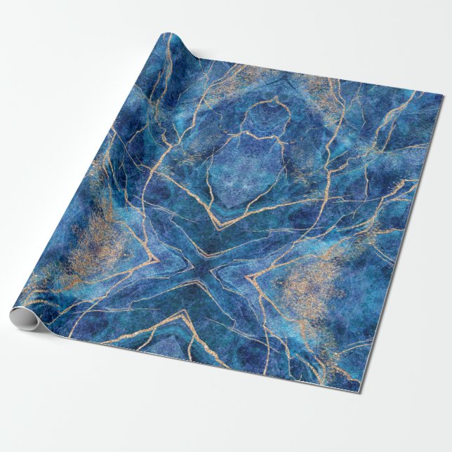 Blue Gold Marble Pretty Wrapping Paper (Unrolled)