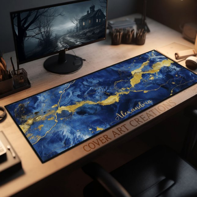 Blue & Gold Marble Texture Personalised Workspace Desk Mat (Creator Uploaded)