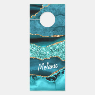 Blue Gold Marble Turquoise Custom Name Door Hanger