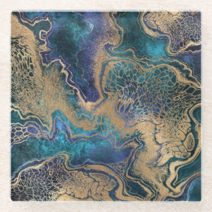 Blue-gold marbling: abstract background. glass coaster