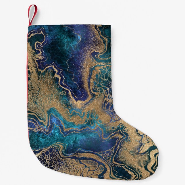Blue-gold marbling: abstract background. small christmas stocking (Front)