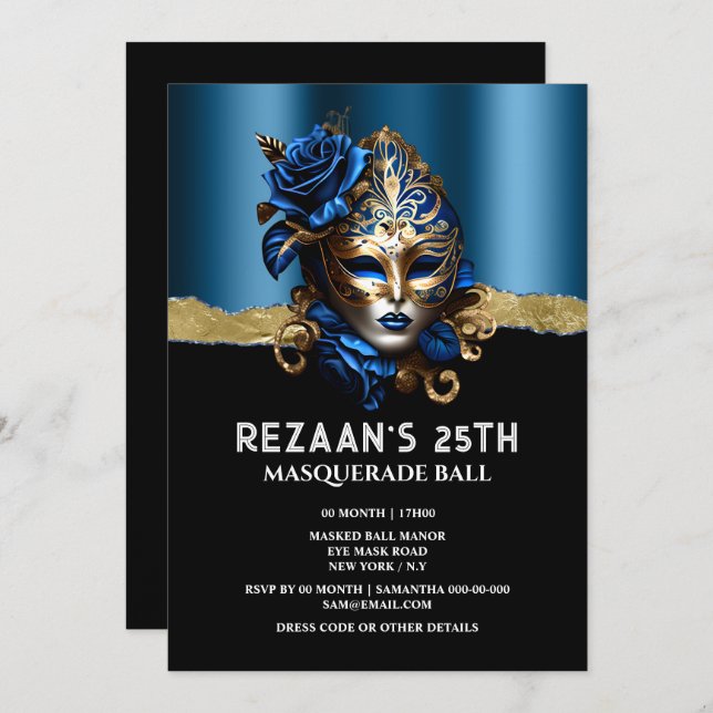 Blue gold masquerade rose Venetian mask glitz glam Invitation (Front/Back)