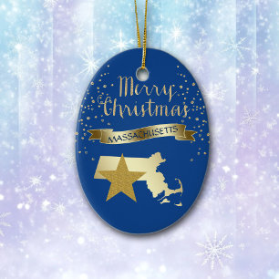 Blue Gold Massachusetts Star Ceramic Ornament