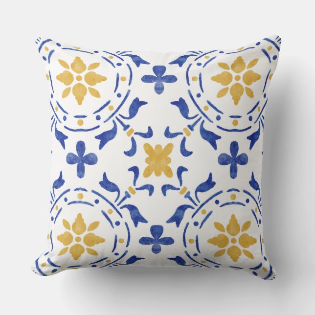 Blue & Gold Mediterranean Throw Pillow (Front)