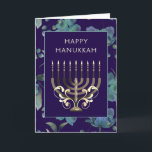 Blue gold Menorah flowers Hanukkah greeting Holiday Card<br><div class="desc">Happy Chanuka greeting card with a blue gold menorah and flower pattern.  Customize by editing the greeting on the front of the card.and the message on the inside of the card.</div>