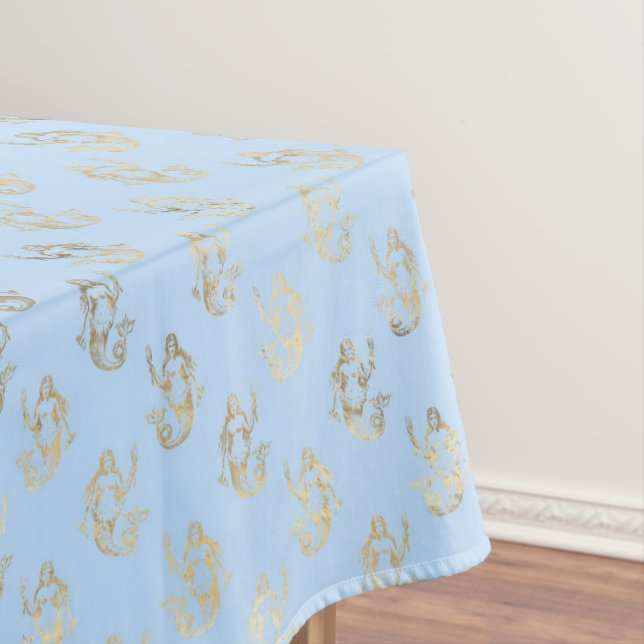 Blue Gold Mermaid Theme Baby Shower Birthday Decor Tablecloth (In Situ)