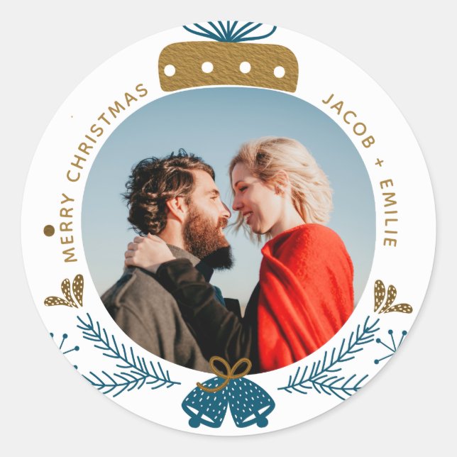 Blue & Gold | Merry Christmas Bauble Photo Classic Round Sticker (Front)