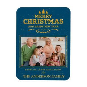 Blue Gold Merry Christmas Happy New Year Photo Magnet
