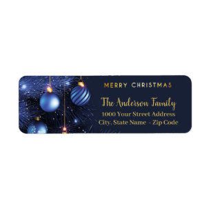 Blue Gold Merry Christmas Return Address Label