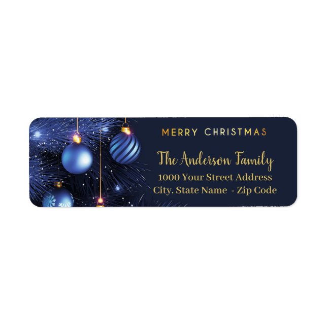 Blue Gold Merry Christmas Return Address Label (Front)