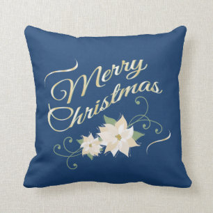 Blue & Gold Merry Christmas & White Poinsettias Cushion