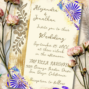 Blue & Gold Mexican Otomi Baroque Elegant Wedding Invitation