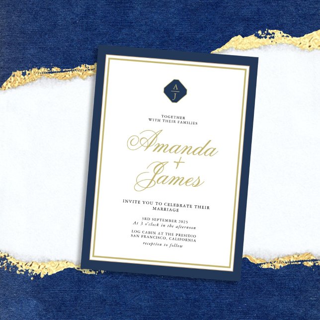 Blue & Gold Minimalist Elegant Wedding Invitation (Creator Uploaded)